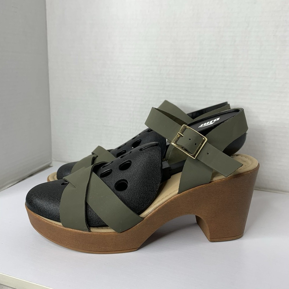 Me Too Amy Olive Green & Black Platform Wedge Sandals Size 9.5W